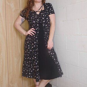 Vibtage Poetcore Goth Alt Western Cottage Black Floral Button Down Midi Dress